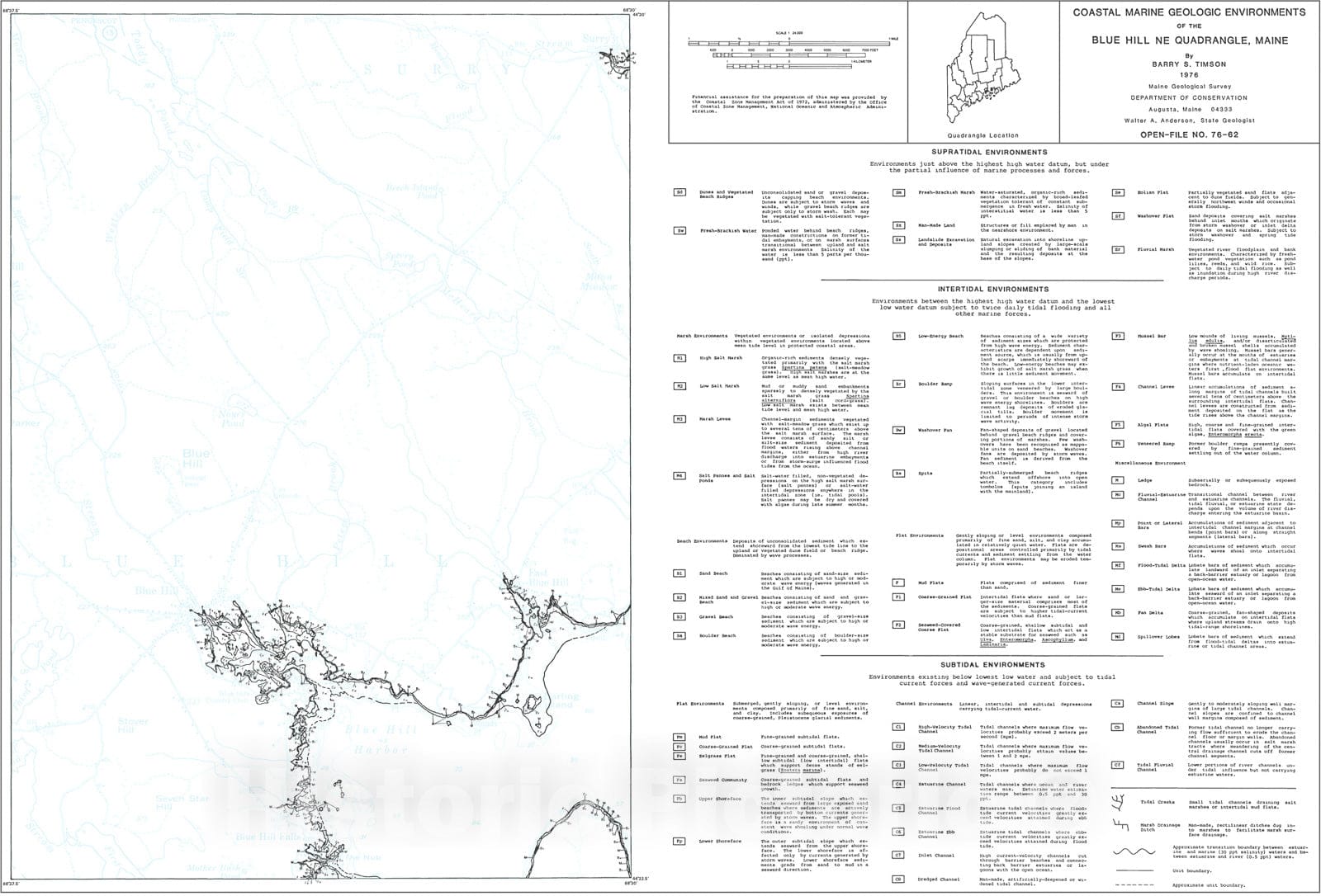 Map : Coastal Marine Geologic Environments of the Blue Hill NE [Blue Hill 7.5'] Quadrangle, Maine, 1976 Cartography Wall Art :