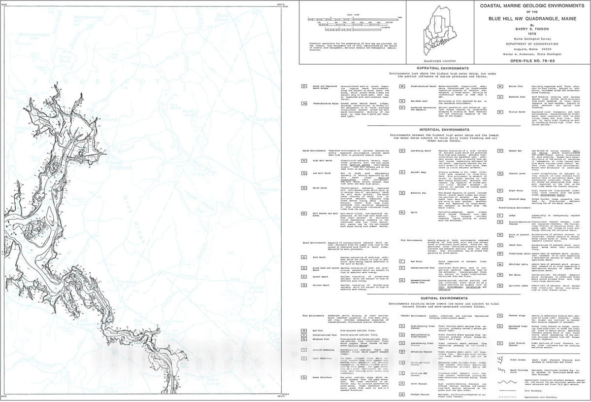 Map : Coastal Marine Geologic Environments of the Blue Hill NW [Penobscot 7.5'] Quadrangle, Maine, 1976 Cartography Wall Art :