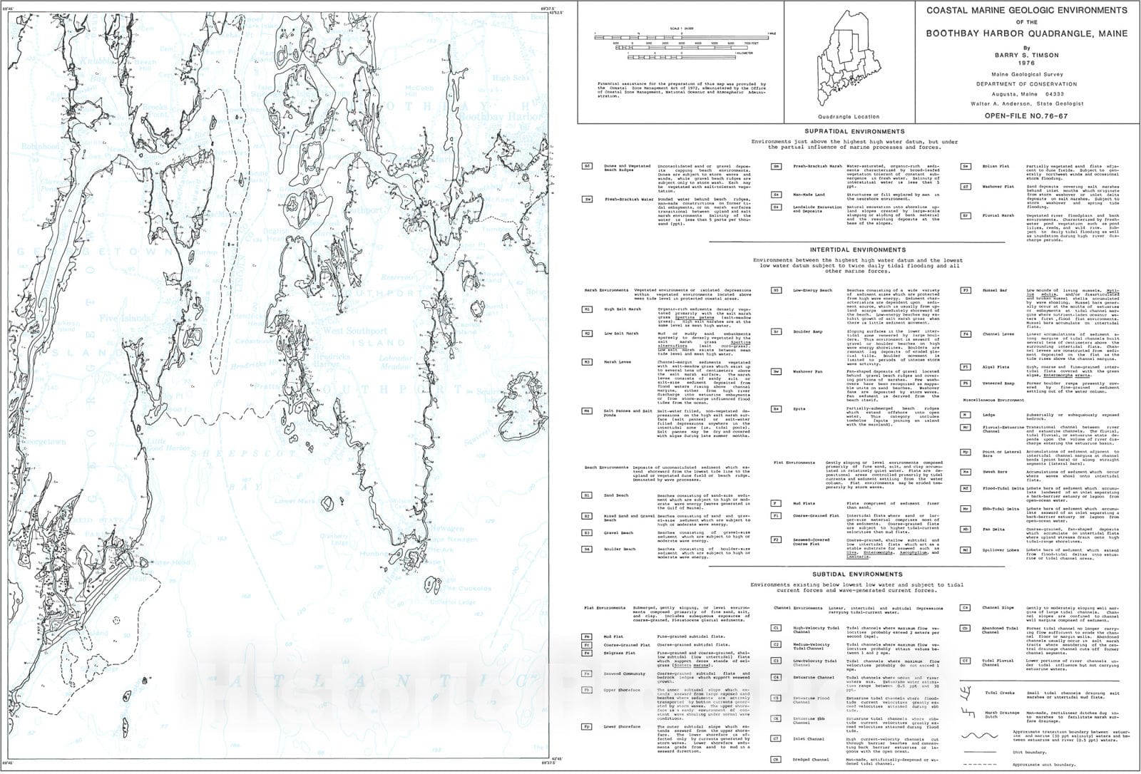 Map : Coastal Marine Geologic Environments of the Boothbay Harbor Quadrangle, Maine, 1976 Cartography Wall Art :