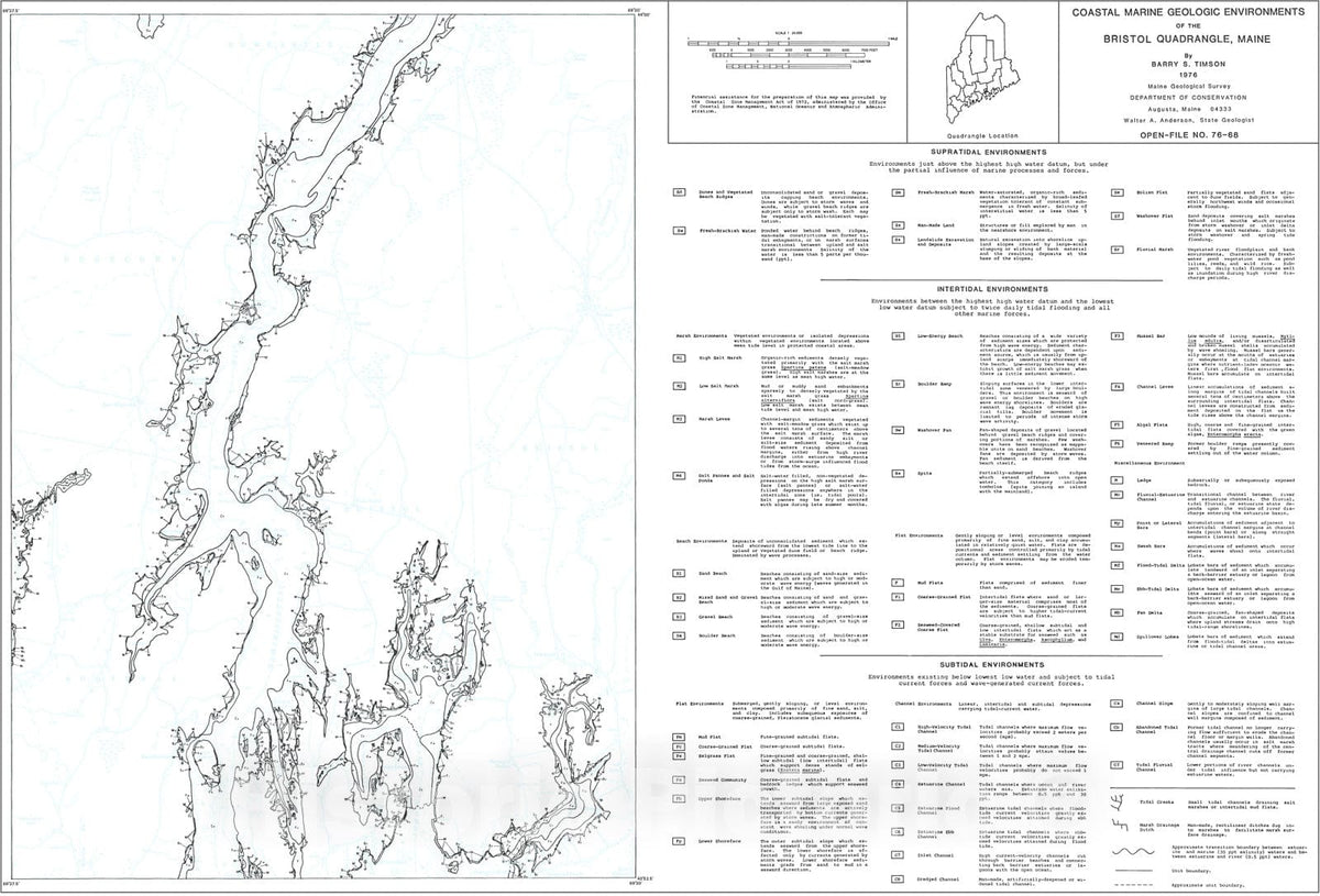 Map : Coastal Marine Geologic Environments in the Bristol Quadrangle, Maine, 1976 Cartography Wall Art :