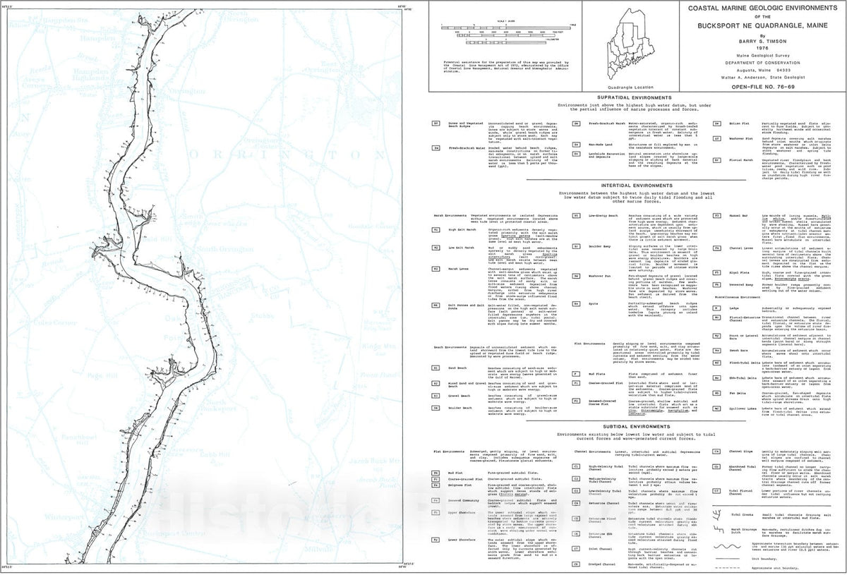 Map : Coastal Marine Geologic Environments of the Bucksport NE [Hampden 7.5'] Quadrangle, Maine, 1976 Cartography Wall Art :