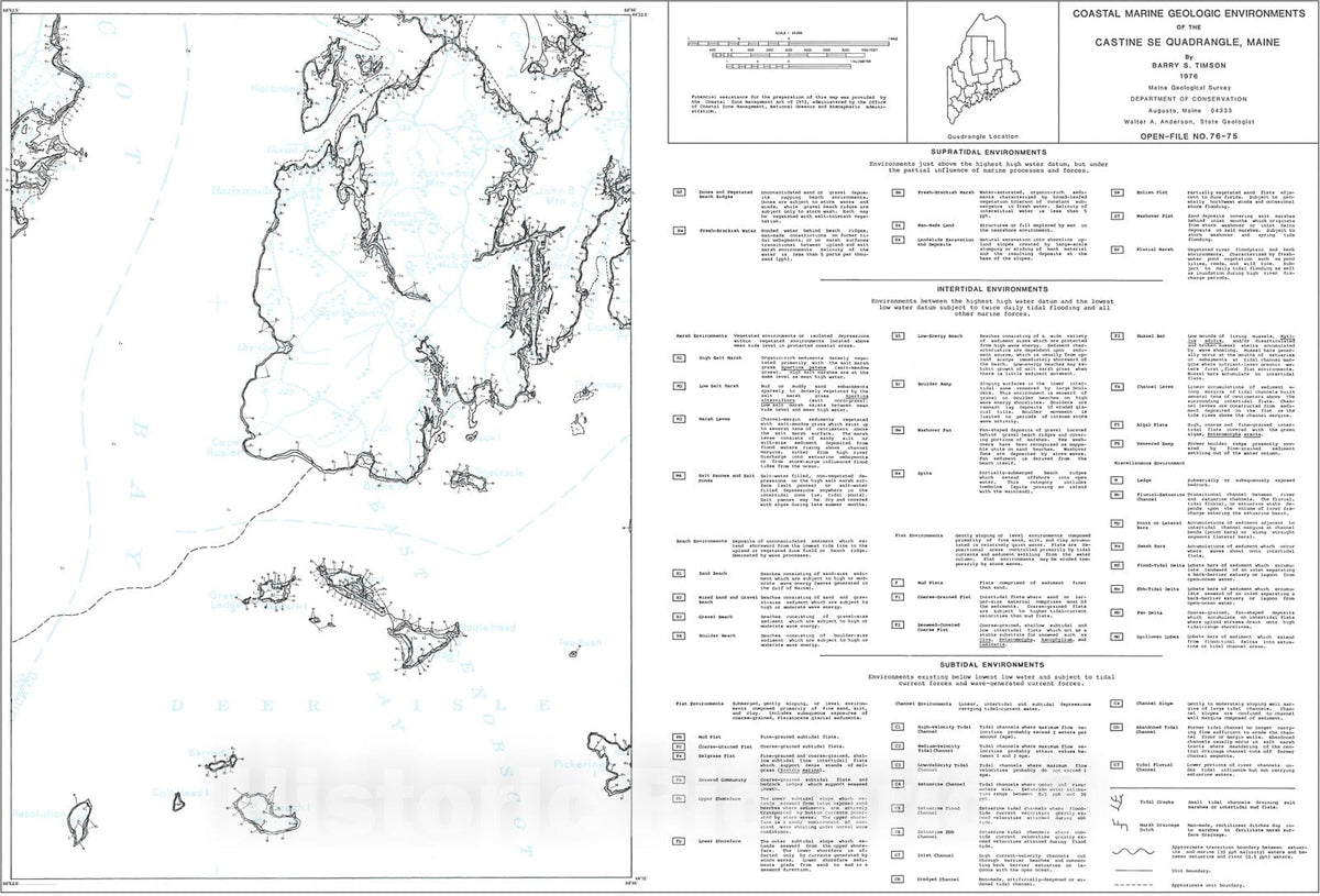 Map : Coastal Marine Geologic Environments of the Castine SE [Cape Rosier 7.5'] Quadrangle, Maine, 1976 Cartography Wall Art :