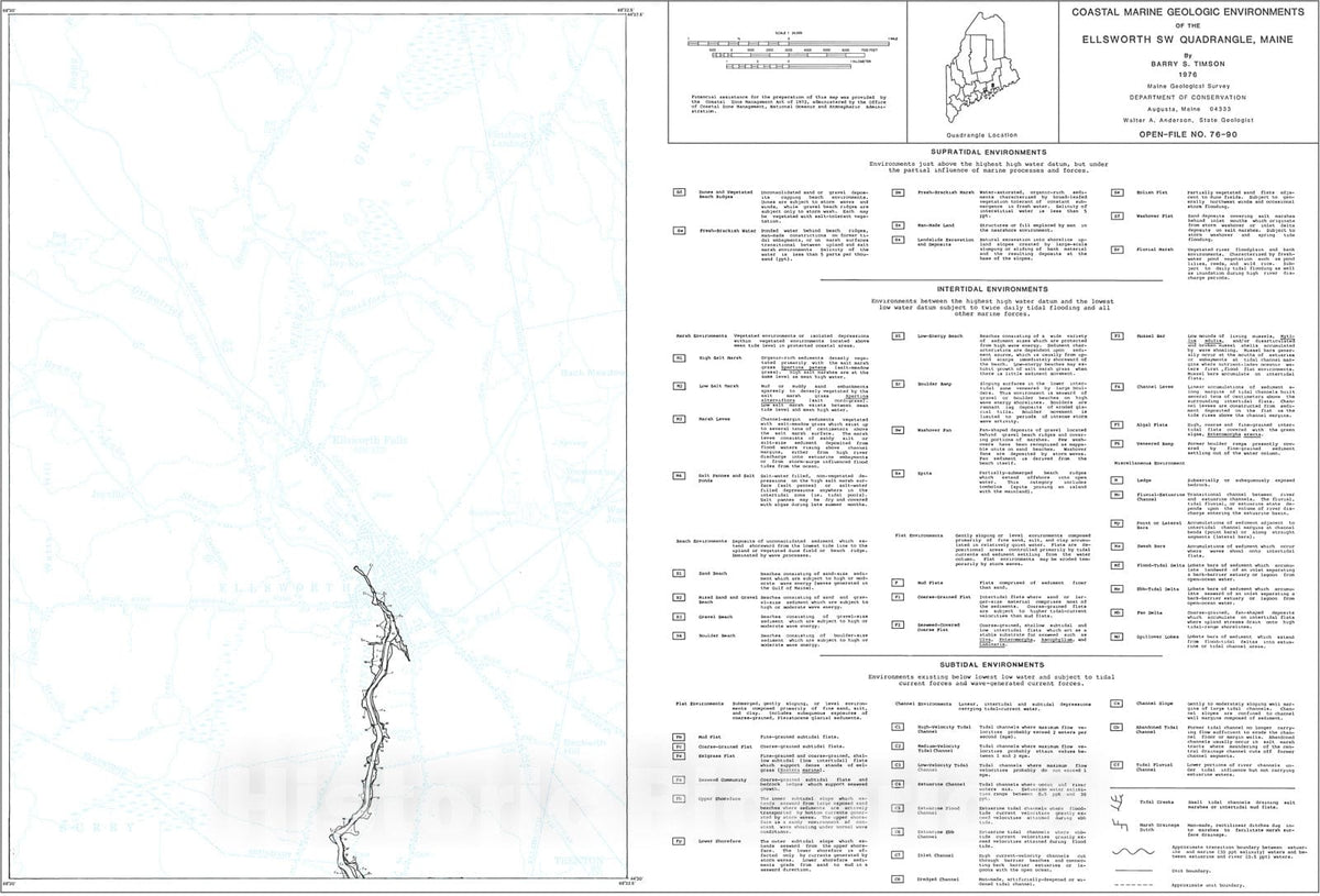 Map : Coastal Marine Geologic Environments of the Ellsworth SW [Ellsworth 7.5'] Quadrangle, Maine, 1976 Cartography Wall Art :