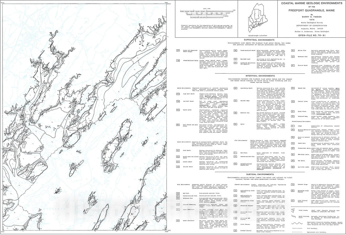 Map : Coastal Marine Geologic Environments in the Freeport Quadrangle, Maine, 1976 Cartography Wall Art :