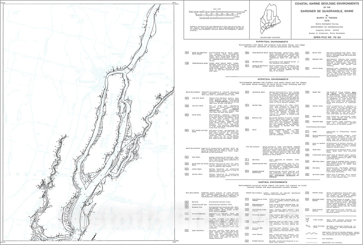 Map : Coastal Marine Geologic Environments of the Gardiner SE [Richmond 7.5'] Quadrangle, Maine, 1976 Cartography Wall Art :