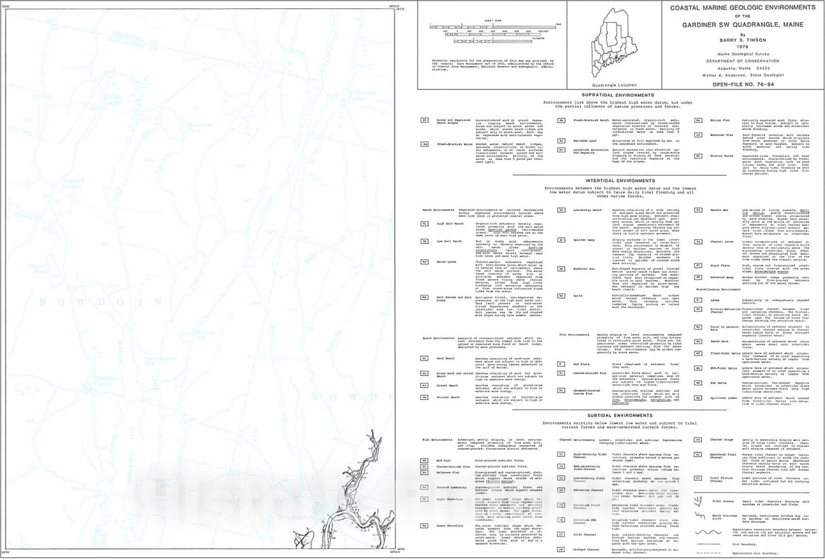 Map : Coastal Marine Geologic Environments of the Gardiner SW [Bowdoinham 7.5'] Quadrangle, Maine, 1976 Cartography Wall Art :
