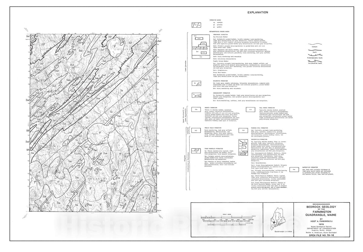 Map : Reconnaissance Bedrock Geology of the Farmington 15' Quadrangle, Maine, 1978 Cartography Wall Art :