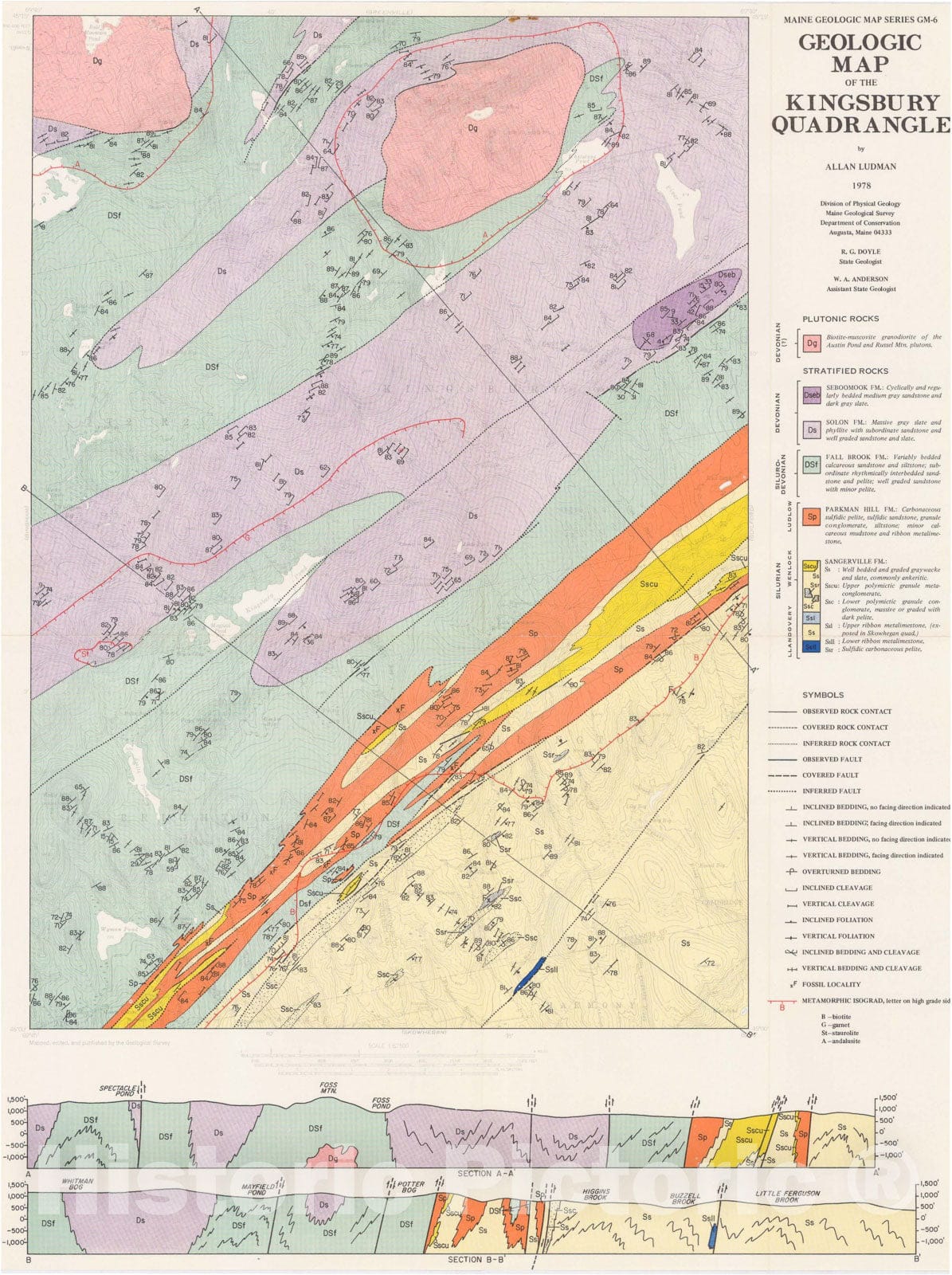 Map : Geologic map and cross sections of the Kingsbury 15' quadrangle, Maine, 1978 Cartography Wall Art :