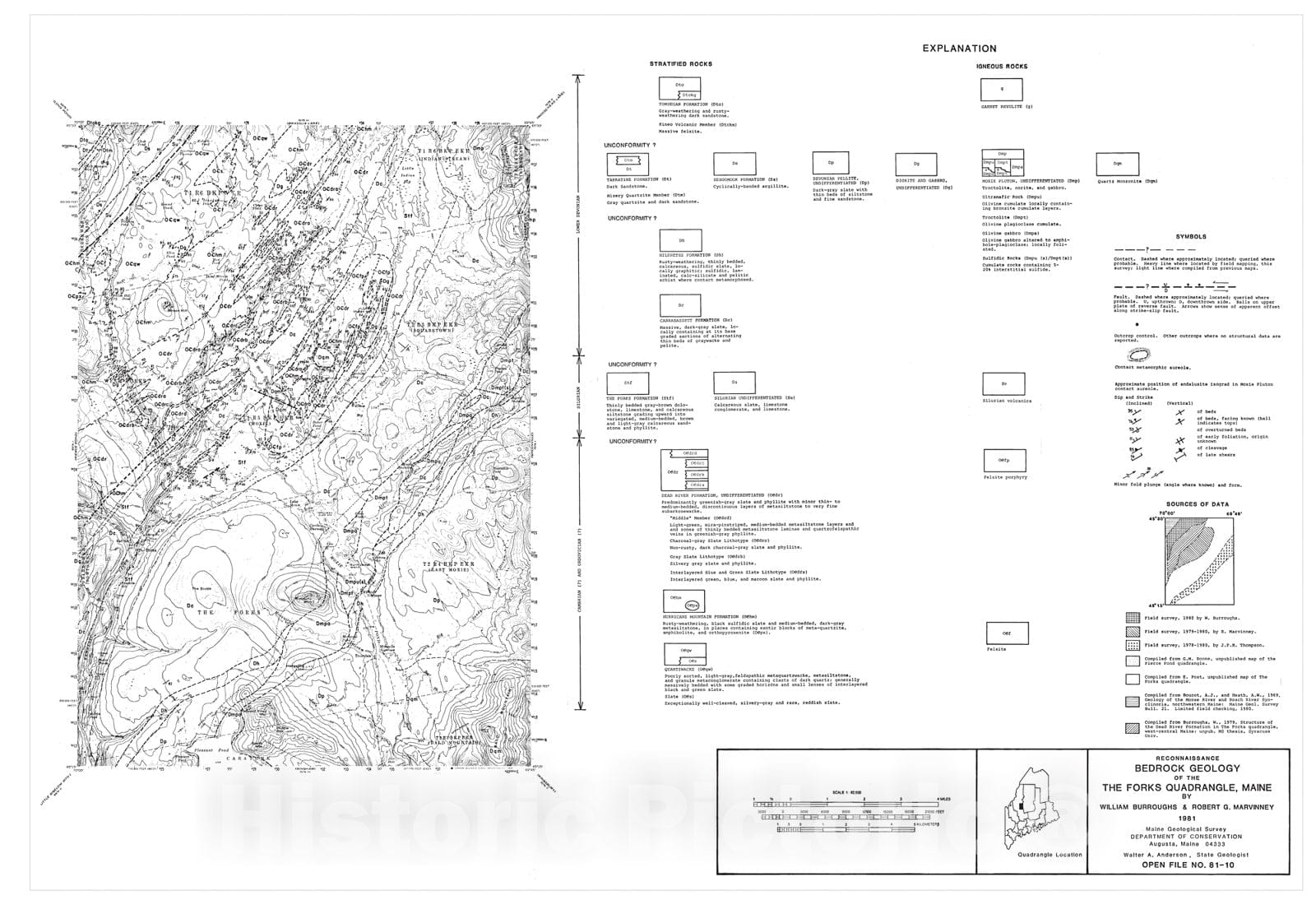 Map : Preliminary Bedrock Geology of the The Forks 15' Quadrangle, Maine, 1981 Cartography Wall Art :