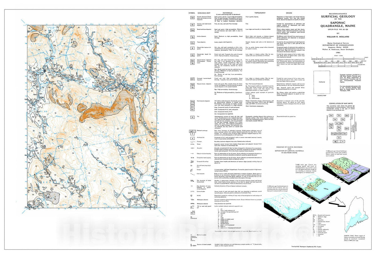 Map : Reconnaissance Surficial Geology of the Saponac 15' Quadrangle, Maine, 1981 Cartography Wall Art :