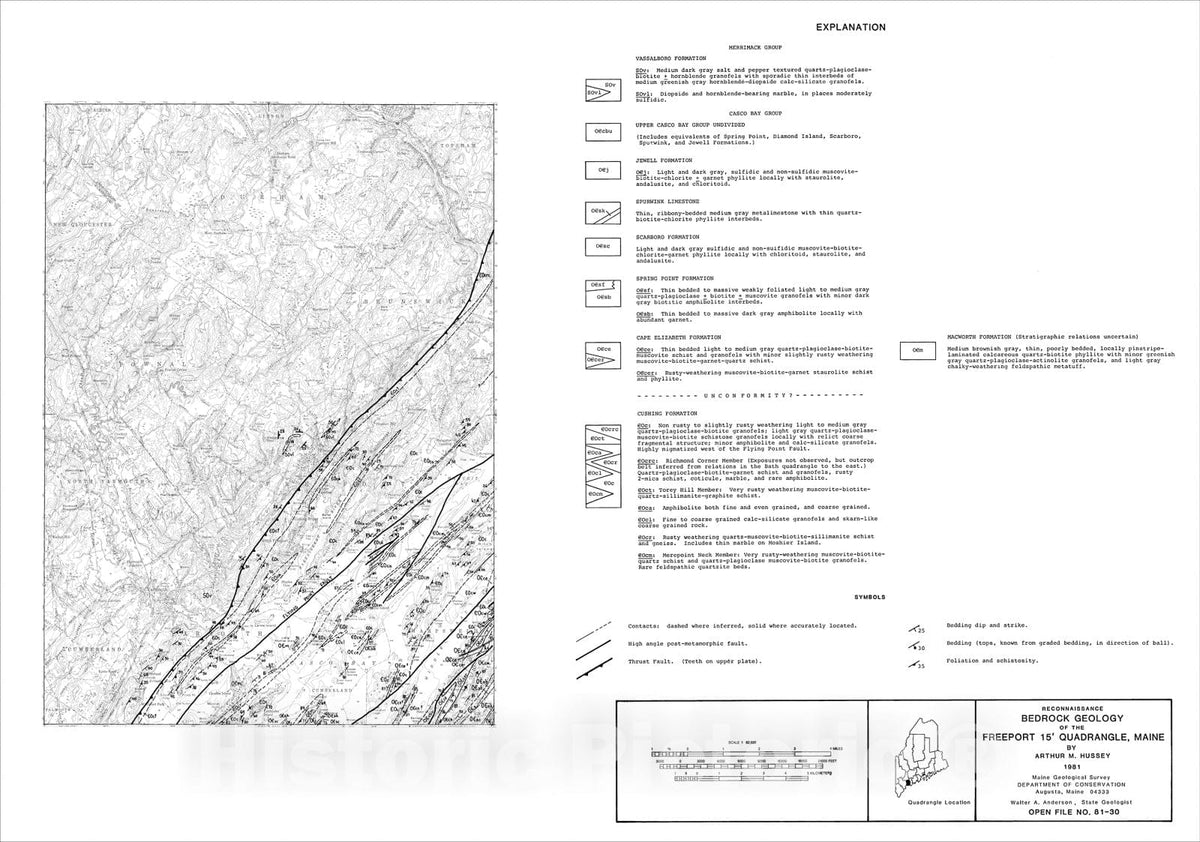 Map : Reconnaissance Bedrock Geology of the Freeport 15' Quadrangle, Maine, 1981 Cartography Wall Art :