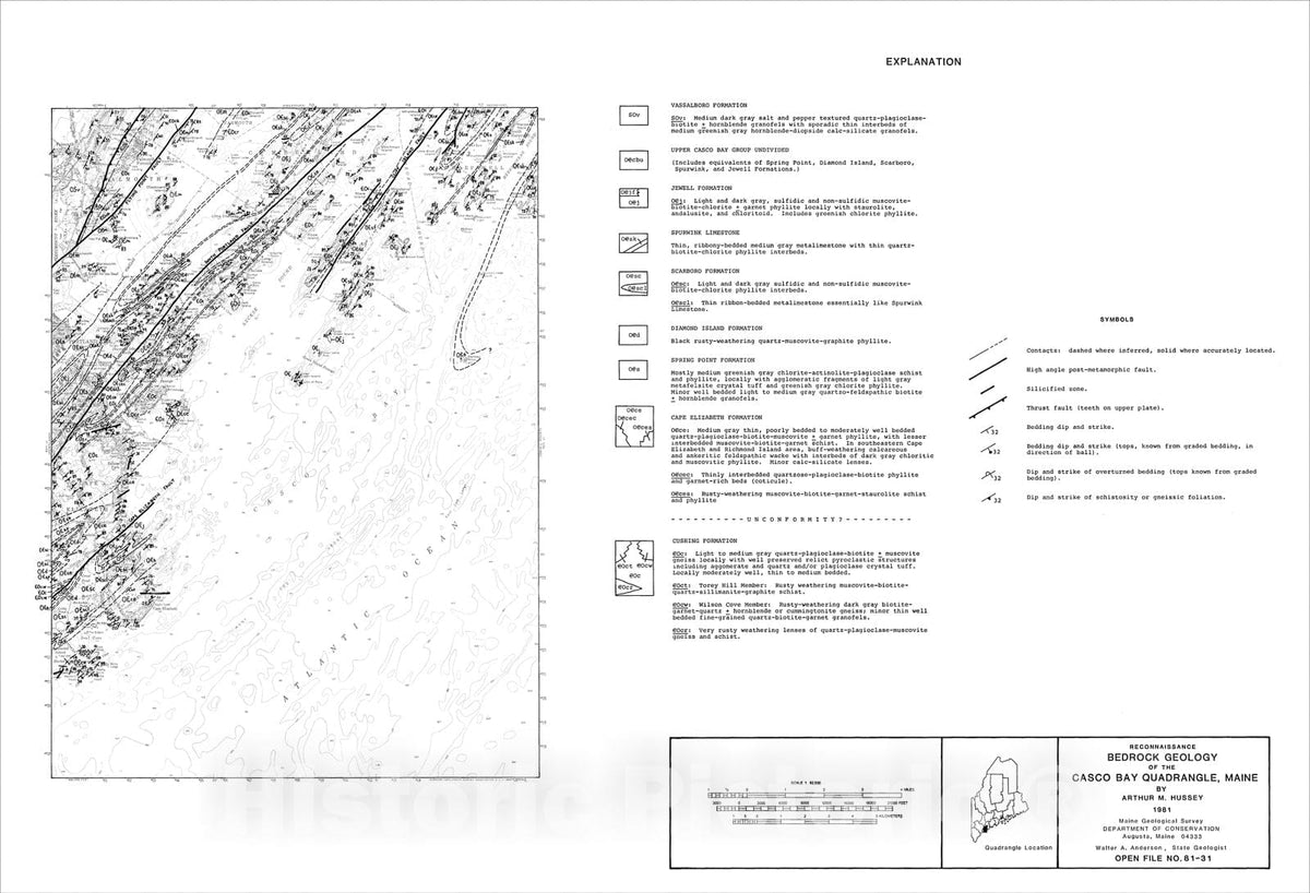 Map : Reconnaissance Bedrock Geology of the Casco Bay 15' Quadrangle, Maine, 1981 Cartography Wall Art :