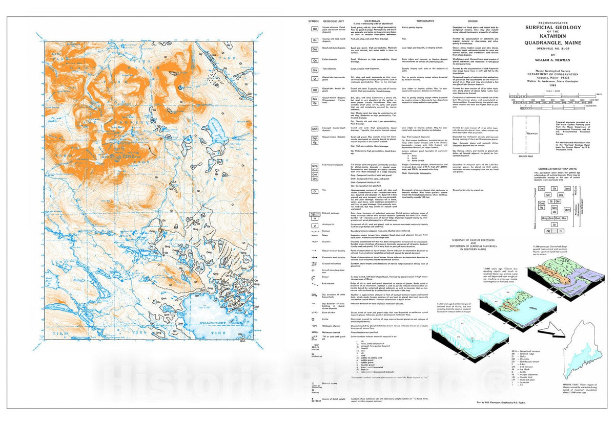 Map : Reconnaissance Surficial Geology of the Katahdin 15' Quadrangle, Maine, 1981 Cartography Wall Art :
