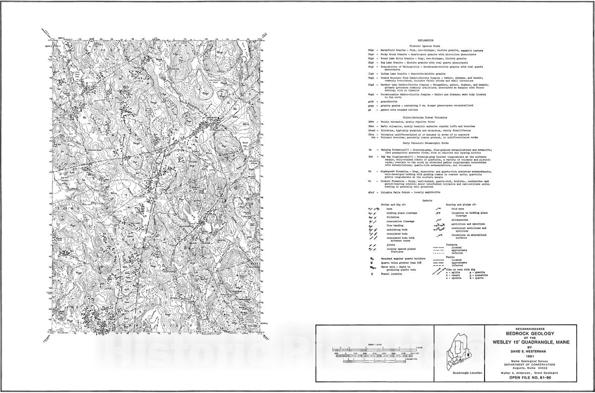 Map : Reconnaissance Bedrock Geology of the Wesley 15' Quadrangle, Maine, 1981 Cartography Wall Art :
