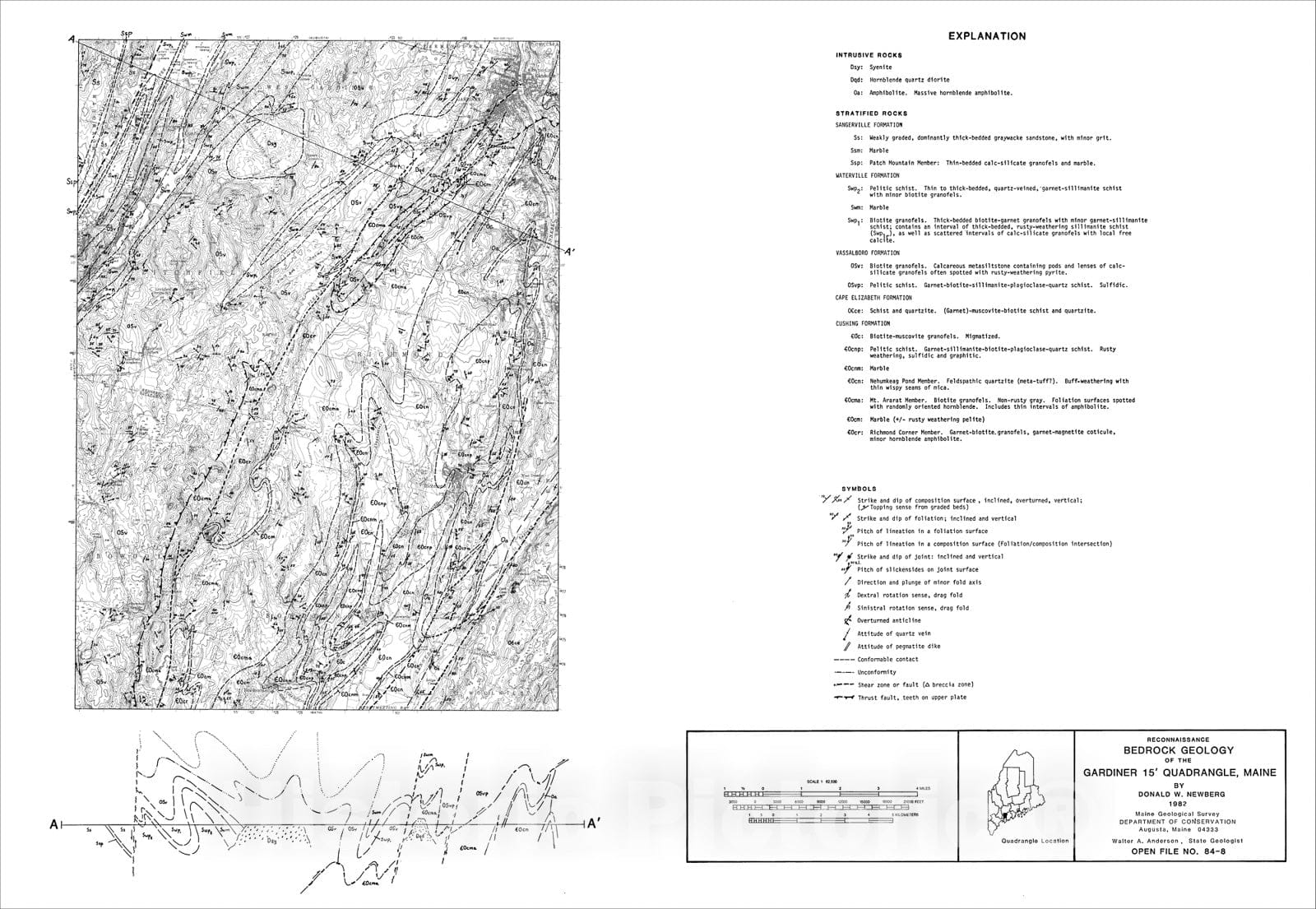 Map : Bedrock Geology of the Gardiner 15' Quadrangle, Maine, 1984 Cartography Wall Art :