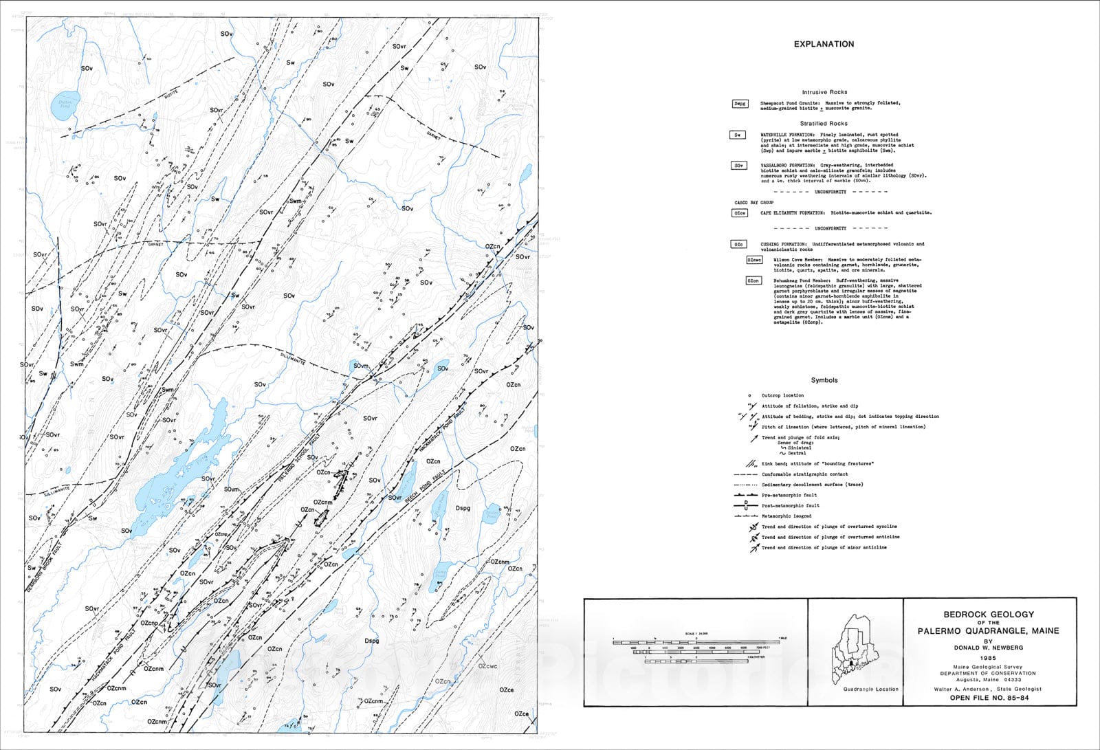 Map : Bedrock geology of the Palermo 7.5-minute quadrangle, Maine, 1985 Cartography Wall Art :
