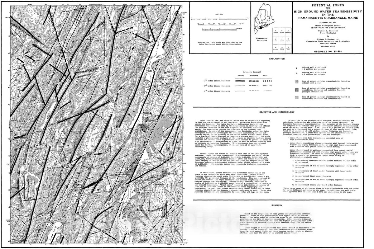 Map : Potential Zones of High Ground Water Transmissivity in the Damariscotta Quadrangle, Maine, 1985 Cartography Wall Art :