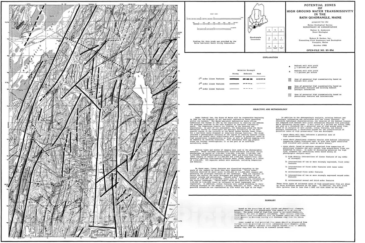 Map : Potential Zones of High Ground Water Transmissivity in the Bath Quadrangle, Maine, 1985 Cartography Wall Art :