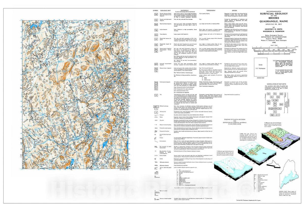 Map : Reconnaissance Surficial Geology of the Brooks 15' Quadrangle, Maine, 1986 Cartography Wall Art :