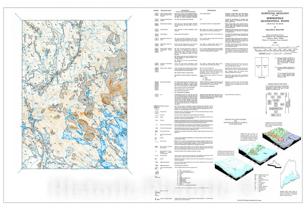Map : Reconnaissance Surficial Geology of the Springfield 15' Quadrangle, Maine, 1986 Cartography Wall Art :