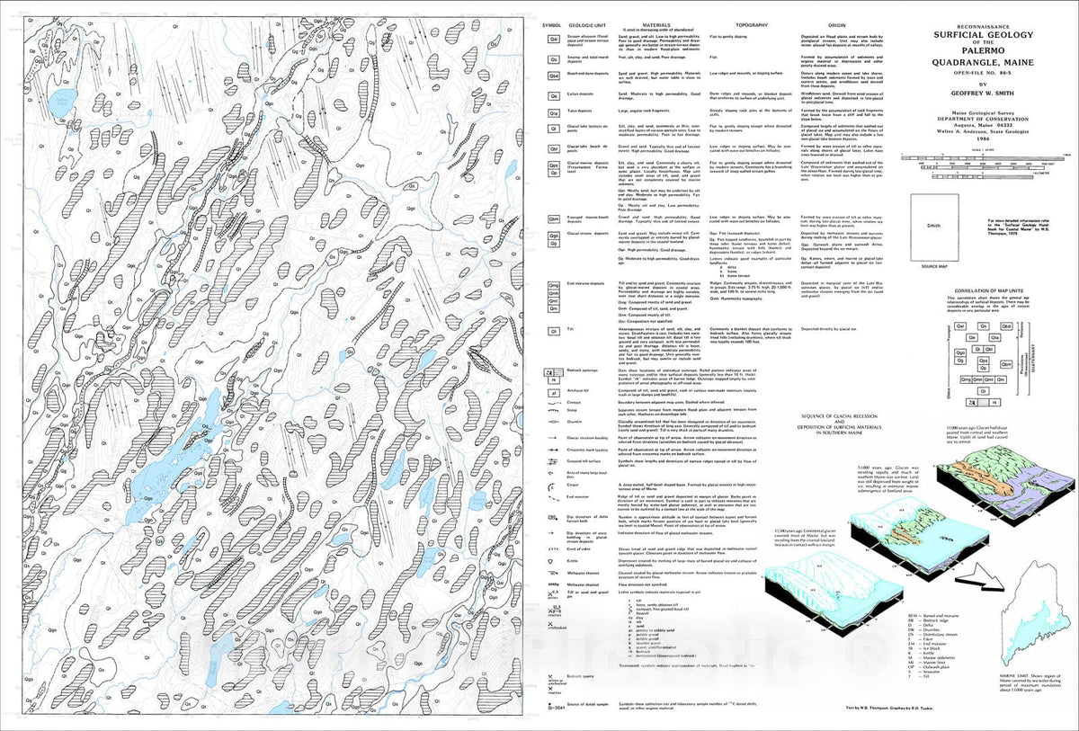 Map : Reconnaissance Surficial Geology of the Palermo Quadrangle, Maine, 1986 Cartography Wall Art :