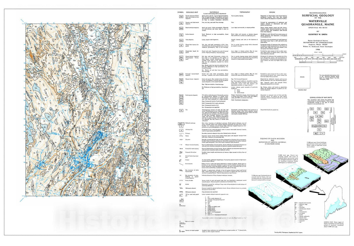 Map : Reconnaissance Surficial Geology of the Waterville 15' Quadrangle, Maine, 1986 Cartography Wall Art :