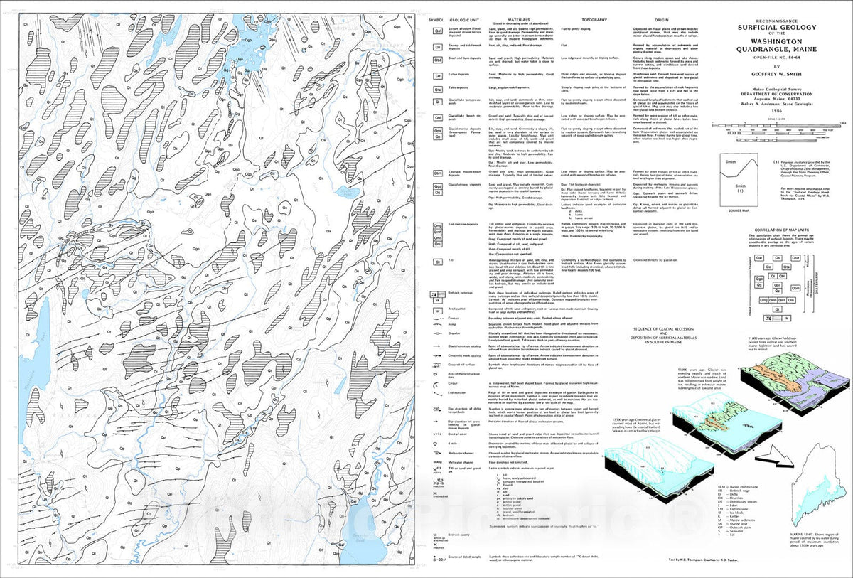 Map : Reconnaissance Surficial Geology of the Washington Quadrangle, Maine, 1986 Cartography Wall Art :