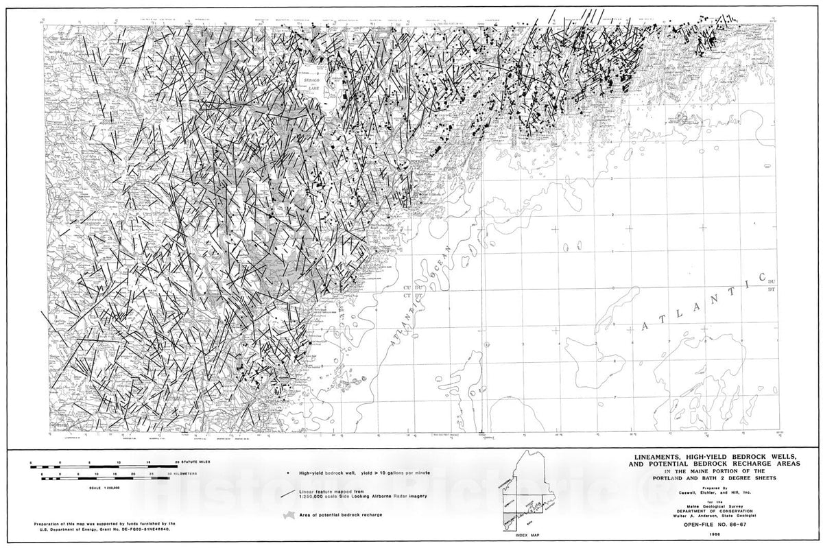 Map : Lineaments, High Yield Bedrock Wells, and Potential Bedrock Recharge Areas in the Maine portion of the Portland and Bath 2-degree Sheets, 1986 Cartography Wall Art :