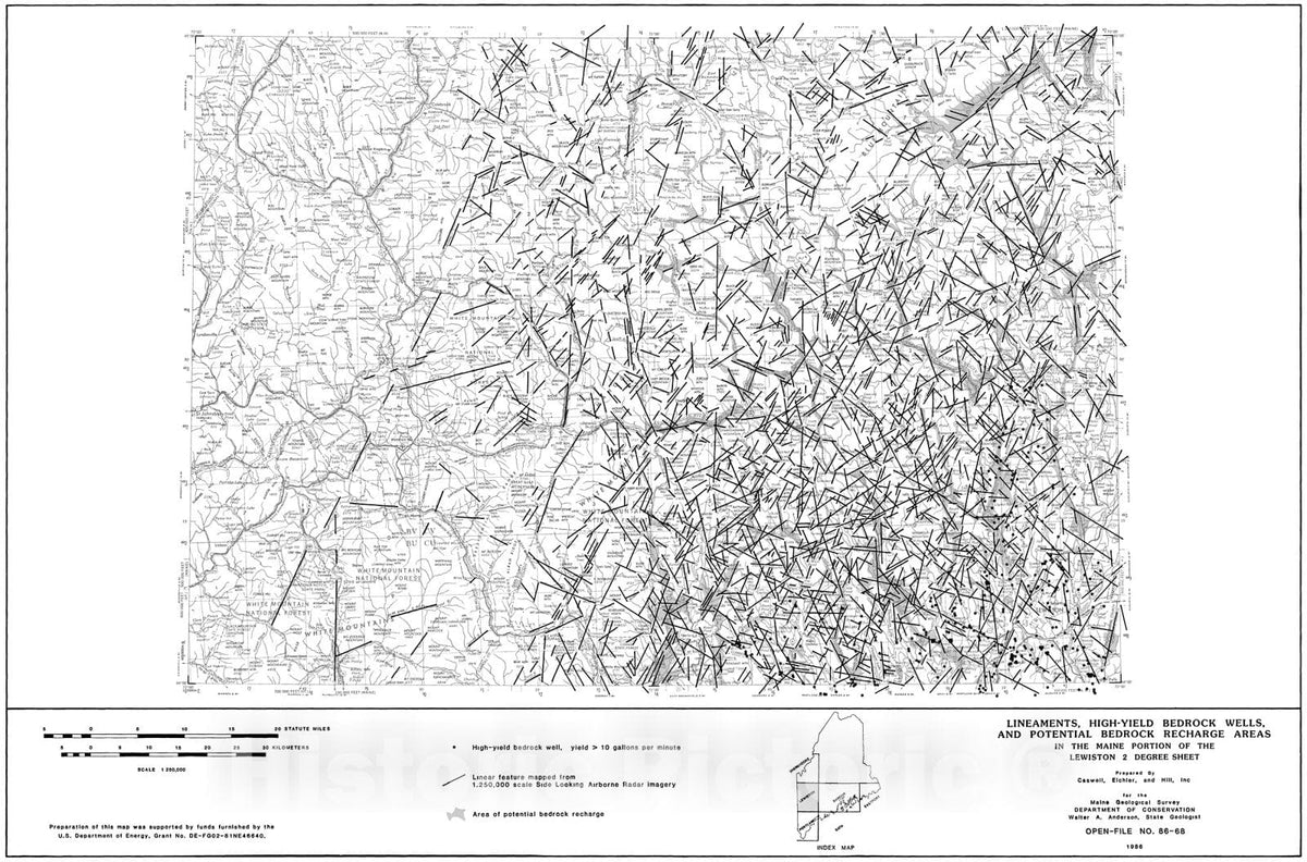Map : Lineaments, High Yield Bedrock Wells, and Potential Bedrock Recharge Areas in the Maine portion of the Lewiston 2-degree Sheet, 1986 Cartography Wall Art :