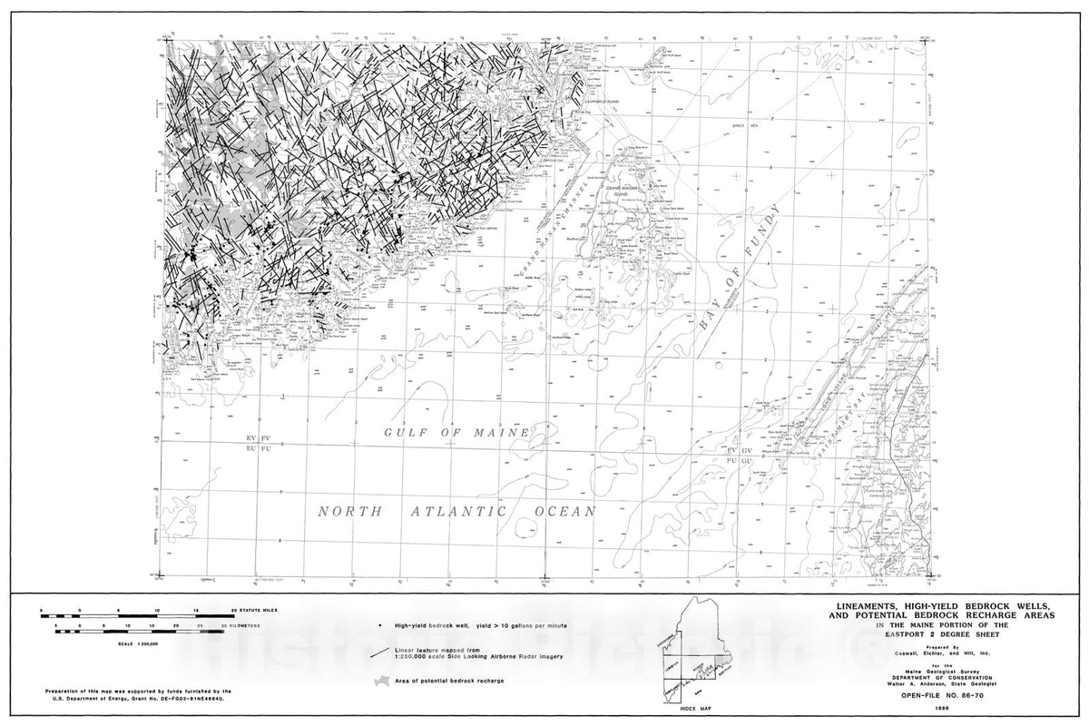 Map : Lineaments, High Yield Bedrock Wells, and Potential Bedrock Recharge Areas in the Maine portion of the Eastport 2-degree Sheet, 1986 Cartography Wall Art :