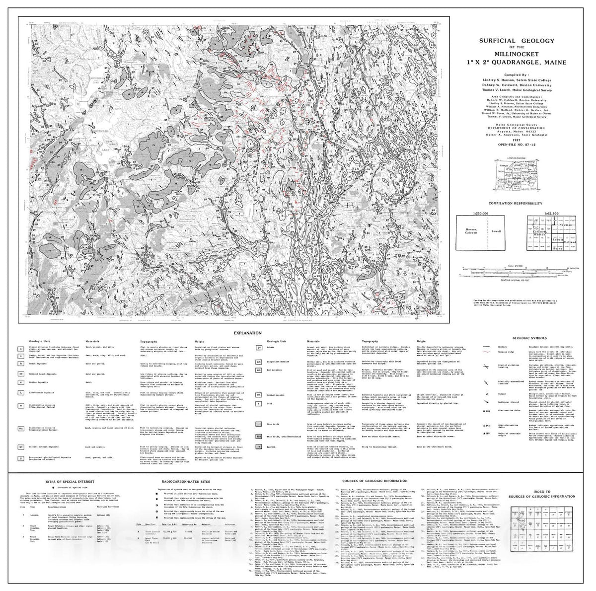 Map : Surficial Geology of the Millinocket 1-degree x 2-degree Quadrangle, Maine, 1987 Cartography Wall Art :
