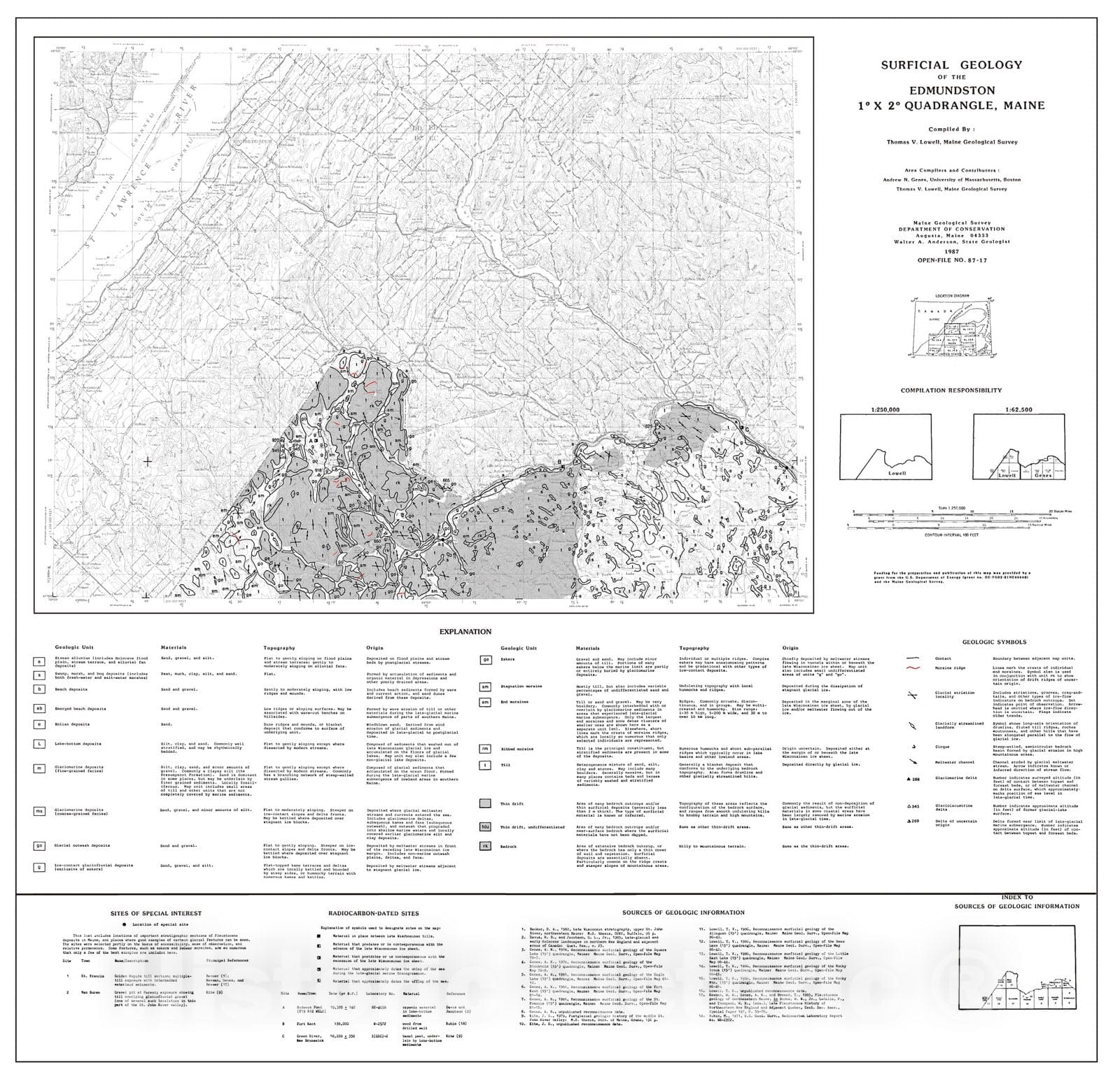 Map : Surficial Geology of the Edmundston 1-degree x 2-degree Quadrangle, Maine, 1987 Cartography Wall Art :