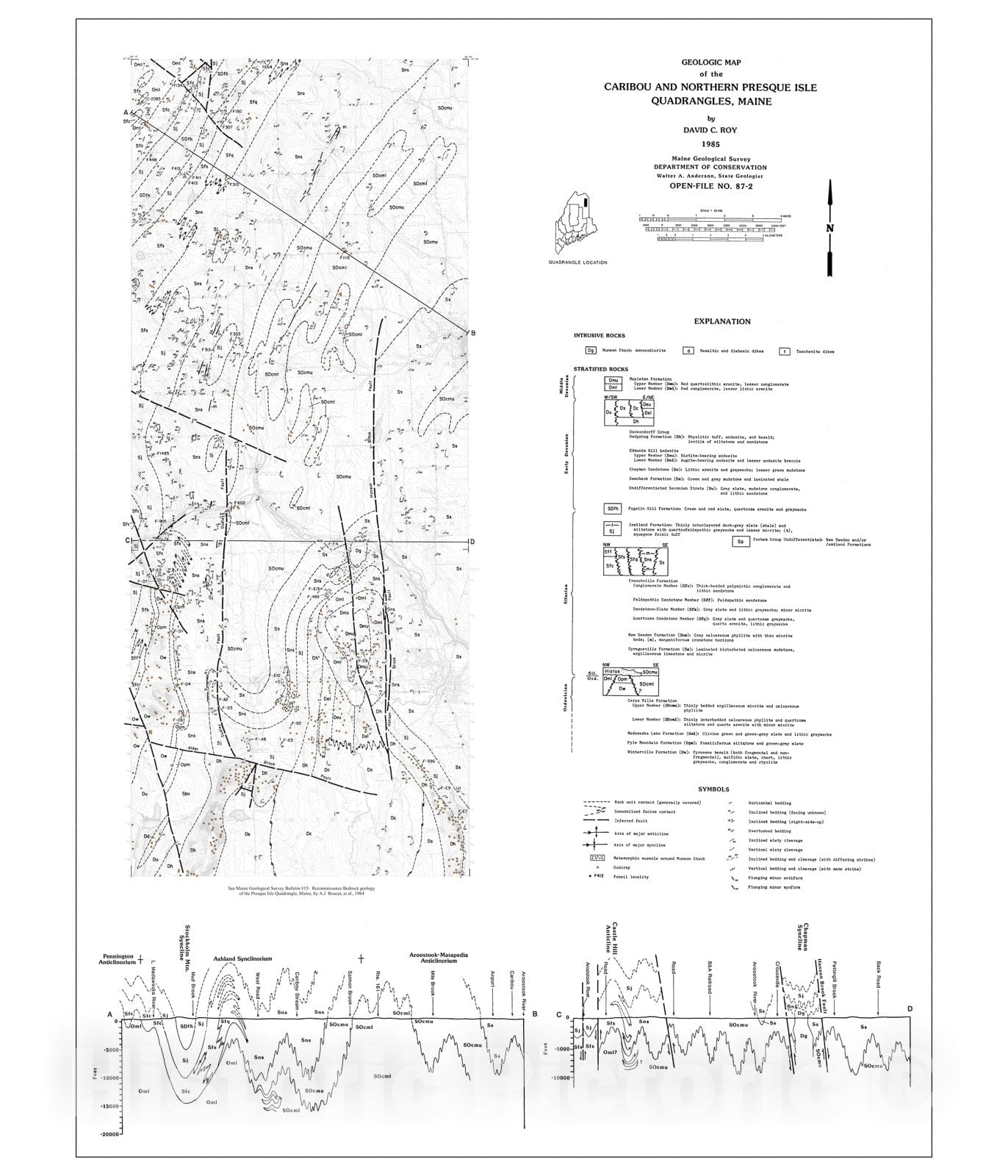 Map : Geologic map of the Caribou and Northern Presque Isle 15' quadrangles, Maine, 1987 Cartography Wall Art :
