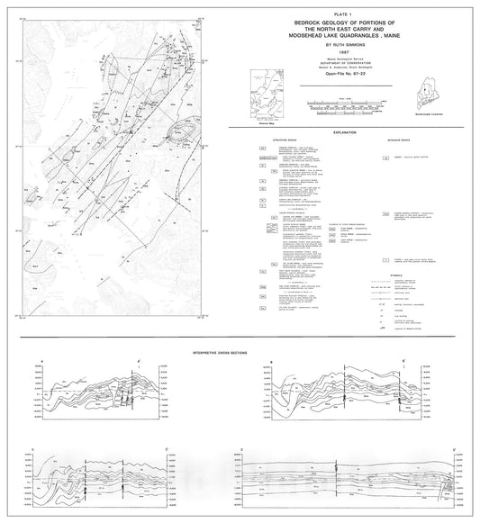 Map : Bedrock Geology of Portions of the North East Carry and Moosehead Lake Quadrangles, Maine, 1987 Cartography Wall Art :