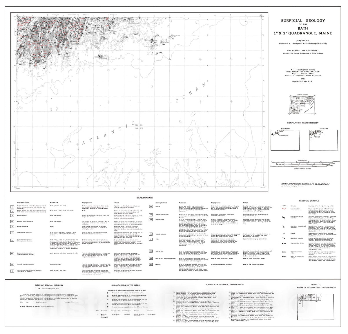 Map : Surficial Geology of the Bath 1-degree x 2-degree Quadrangle, Maine, 1987 Cartography Wall Art :