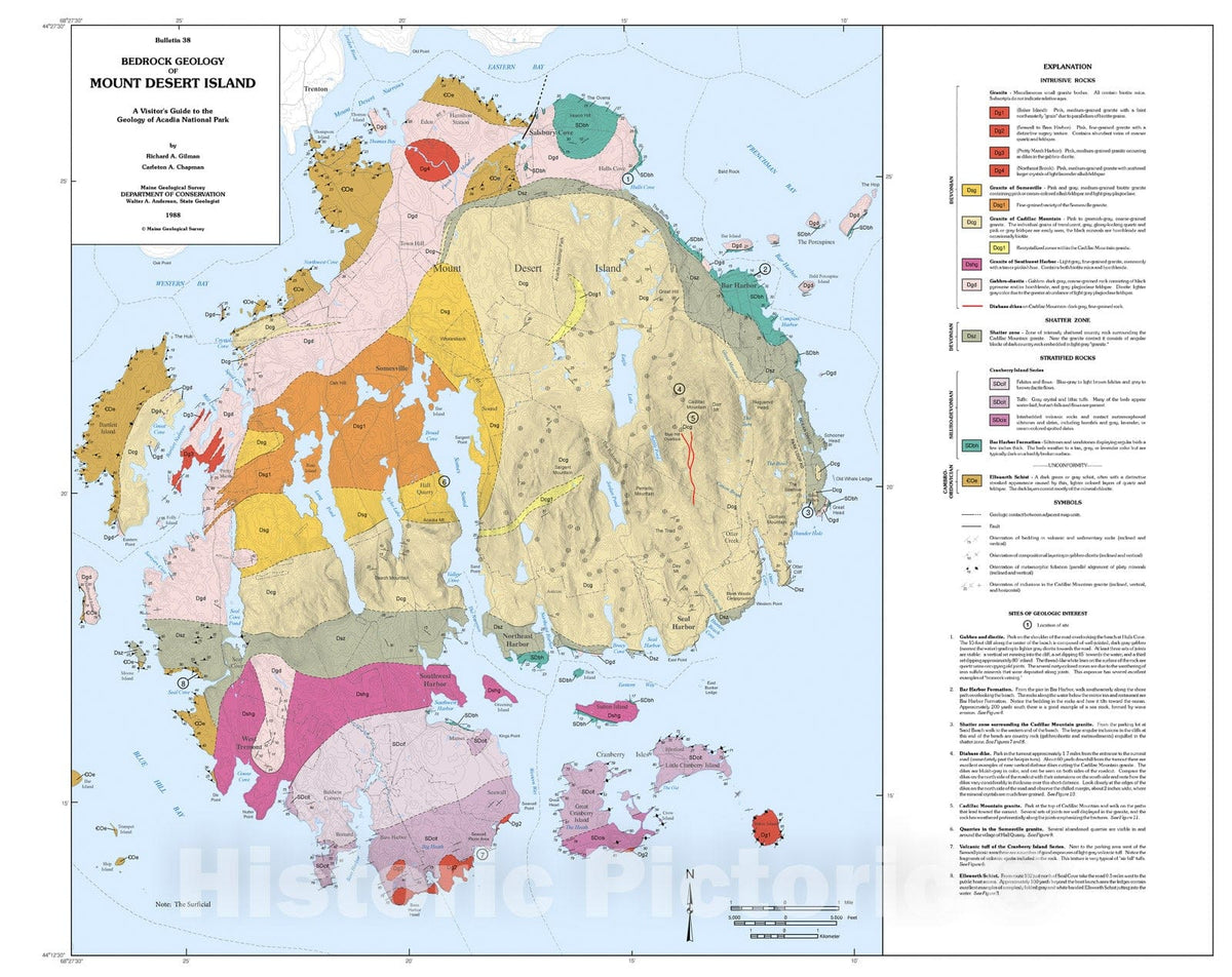 Map : The Geology of Mount Desert Island, 1988 Cartography Wall Art :