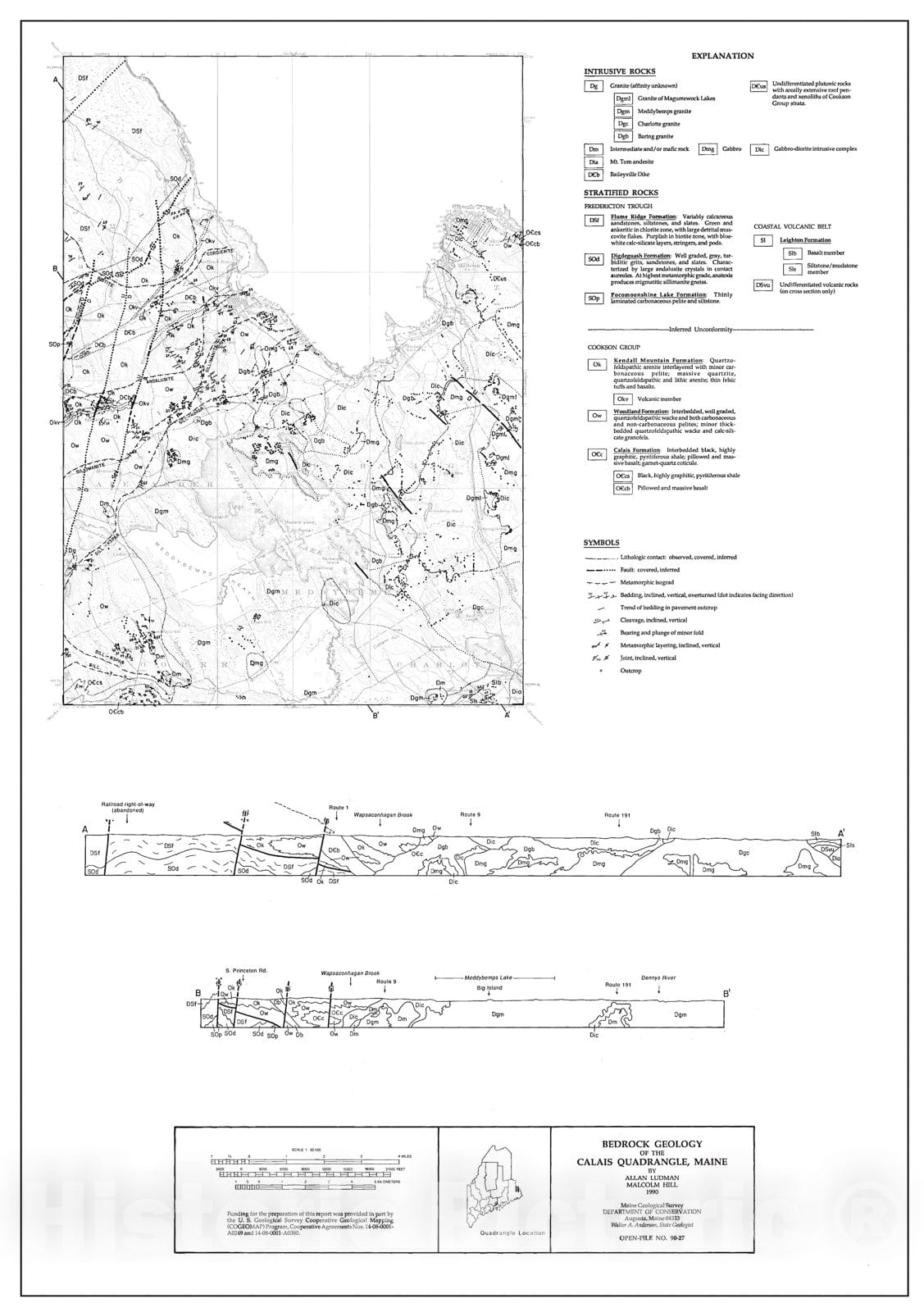 Map : Bedrock Geology of the Calais 15' Quadrangle, Eastern Maine, 1990 Cartography Wall Art :