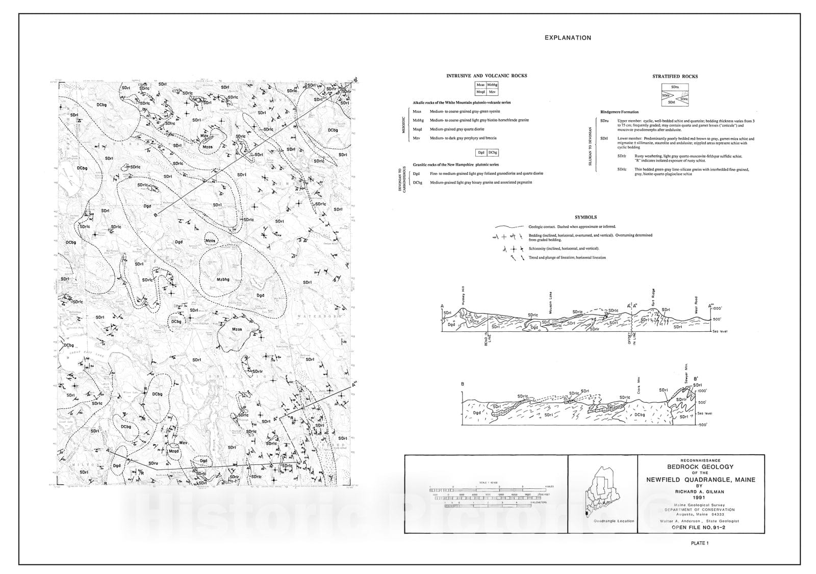 Map : Bedrock geology of the Newfield 15' quadrangle, Maine - New Hampshire, 1991 Cartography Wall Art :
