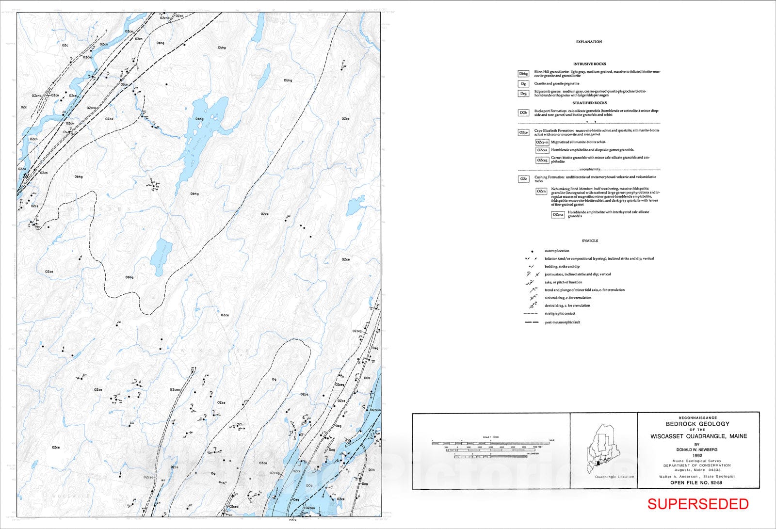 Map : Bedrock Geology of the Wiscasset Quadrangle, Maine , 1992 Cartography Wall Art :