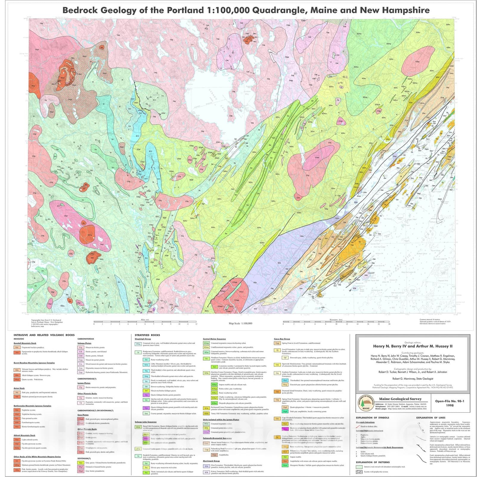 Map : Bedrock Geology of the Portland 1:100,000 Quadrangle, Maine and New Hampshire, 1998 Cartography Wall Art :