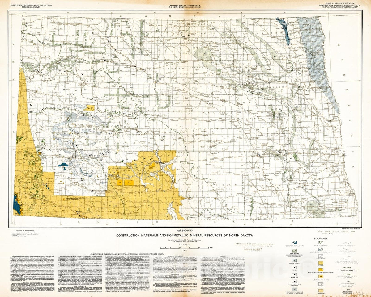 Map : Map showing construction materials and nonmetallic mineral resources of North Dakota, 1947 Cartography Wall Art :