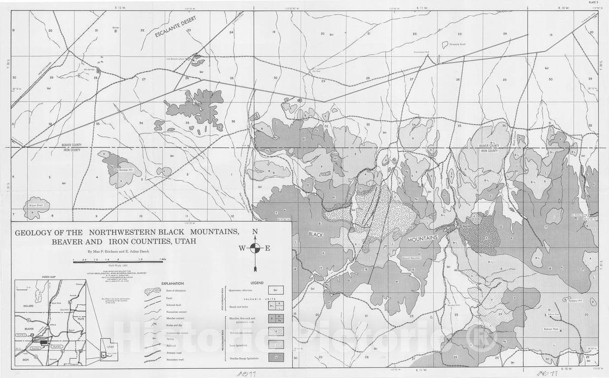 Map : Geology and hydrothermal alteration in northwestern Black Mountains and southern Shauntie Hills, Beaver and Iron Counties, Utah, 1963 Cartography Wall Art :
