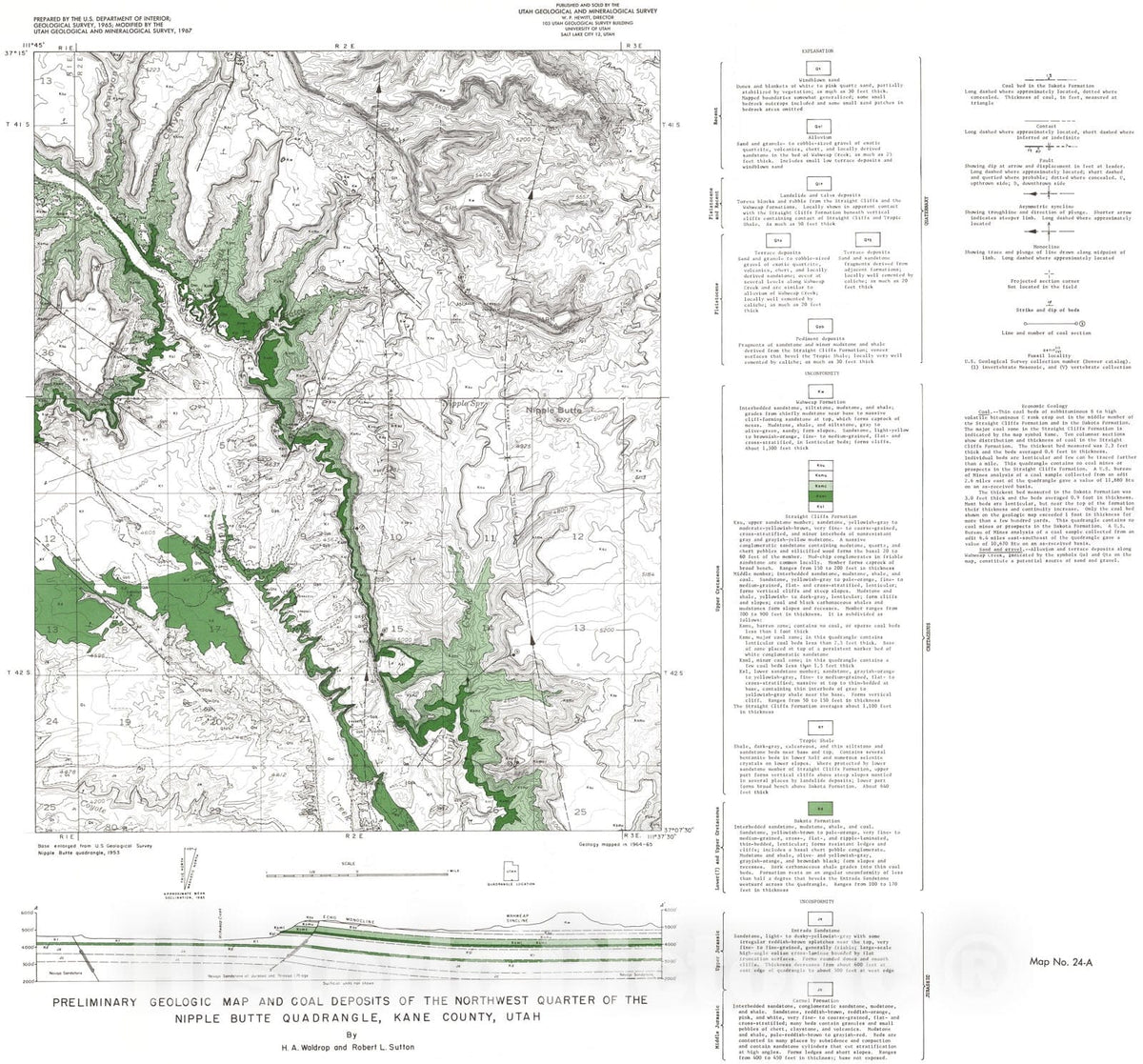 Map : Preliminary geologic map and coal deposits of the northwest quarter of the Nipple Butte [Nipple Butte] quadrangle, Kane County, Utah, 1967 Cartography Wall Art :