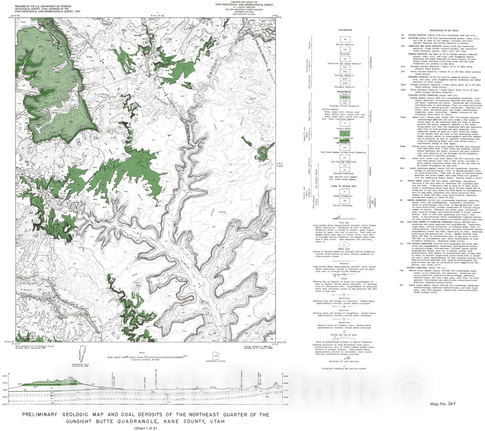 Map : Preliminary geologic map and coal deposits of the northeast quarter of the Gunsight Butte [Sit Down Bench] quadrangle, Kane County, Utah, 1967 Cartography Wall Art :