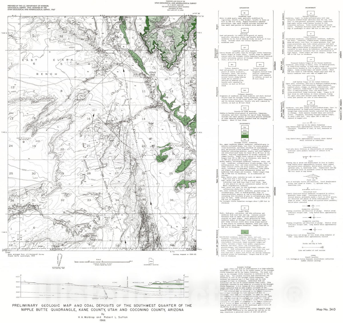 Map : Preliminary geologic map and coal deposits of the southwest quarter of the Nipple Butte [Glen Canyon City] quadrangle, Kane County, Utah, 1967 Cartography Wall Art :