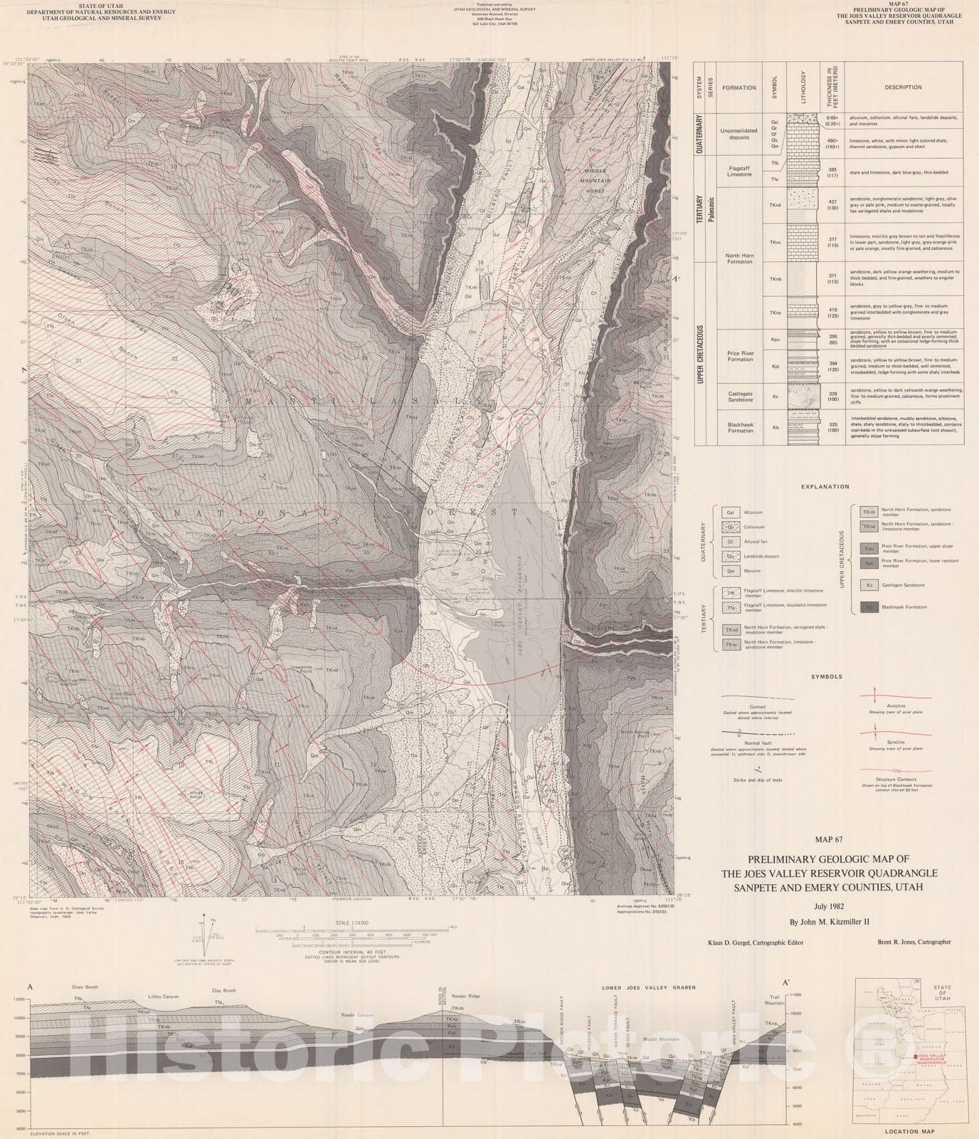 Map : Preliminary geologic map of the Joes Valley Reservoir quadrangle, Emery and Sanpete Counties, Utah, 1982 Cartography Wall Art :