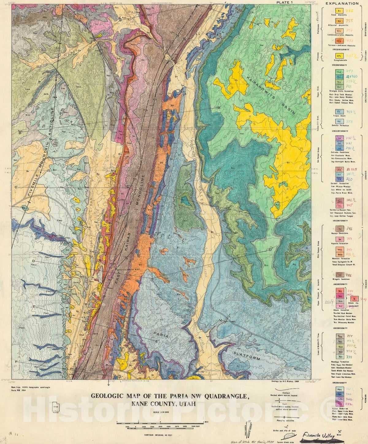 Map : Geology of the Paria NW [Fivemile Valley] quadrangle, Kane County, Utah, 1970 Cartography Wall Art :