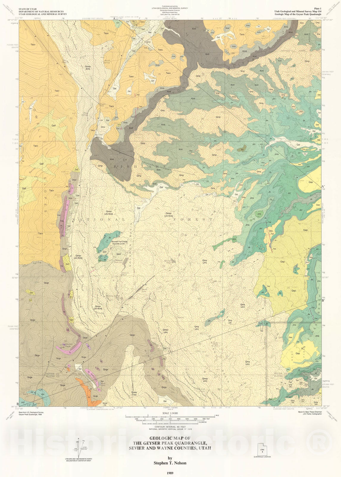 Map : Geologic map of the Geyser Peak quadrangle, Sevier and Wayne Counties, Utah, 1989 Cartography Wall Art :