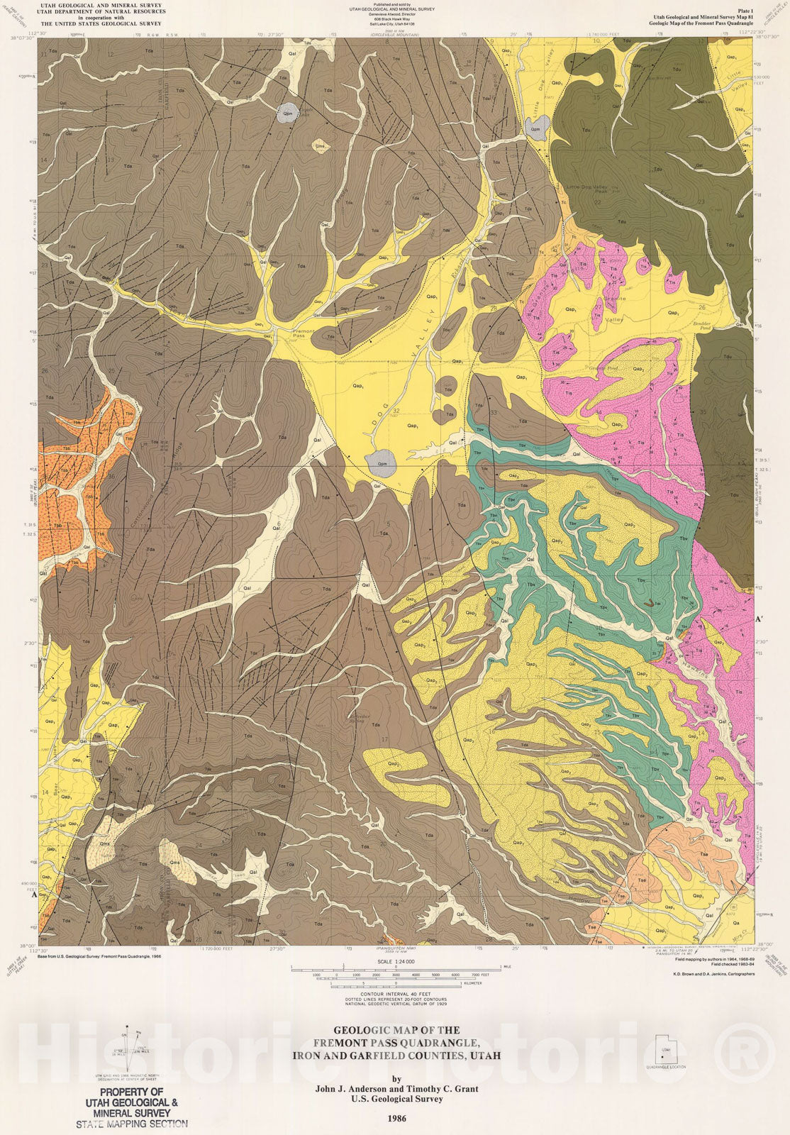 Map : Geologic map of the Fremont Pass quadrangle, Iron and Garfield Counties, Utah, 1986 Cartography Wall Art :