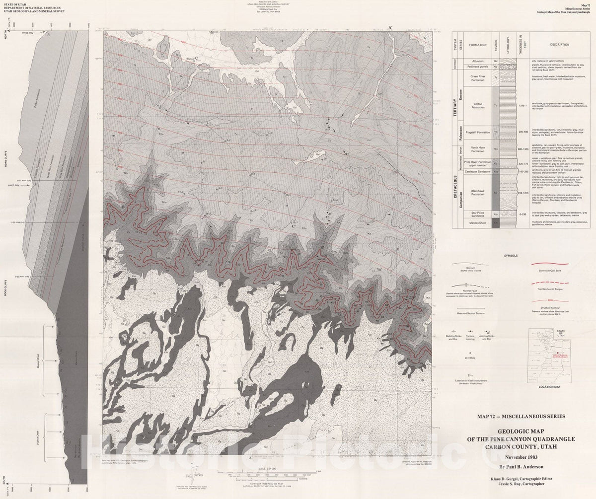 Map : Geologic map of the Pine Canyon quadrangle, Carbon County, Utah, 1983 Cartography Wall Art :